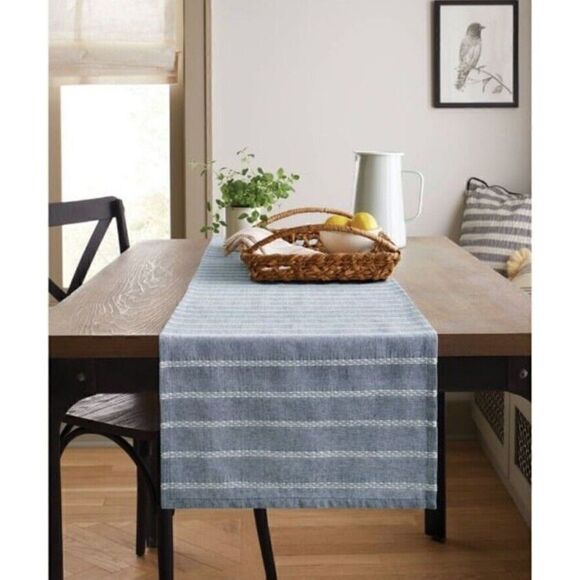 Hearth & Hand™ with Magnolia Blue Stripe Table Runner Dobby Woven Faded Blue New - Picture 2 of 6